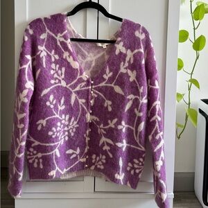 Sezane Fabiana Cardigan - Purple Floral V-Neck Pearl Button